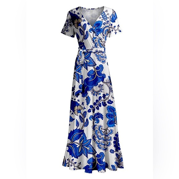 Lily Dresses & Skirts - Blue & White Floral Wrap Maxi Dress by Lily